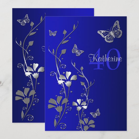Blauw, zilveren bloemen en vlinders 40e verjaardag kaart (Voorkant / Achterkant)
