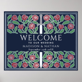 Blauw Zilveren Bloemen Koninklijk Trouw Welkom Bor Poster