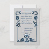 Blauw Zilveren Bloemen Wervelingen Huwelijk RSVP Kaartje (Voorkant)