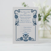 Blauw Zilveren Bloemen Wervelingen Huwelijk RSVP Kaartje (Staand voorkant)