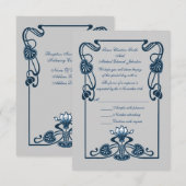 Blauw Zilveren Bloemen Wervelingen Huwelijk RSVP Kaartje (Voorkant / Achterkant)