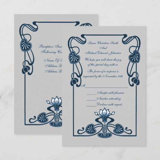 Blauw Zilveren Bloemen Wervelingen Huwelijk RSVP Kaartje (Voorkant / Achterkant)
