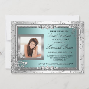 Blauw & zilveren bloemenprint Foto Sweet Sixteen U Kaart