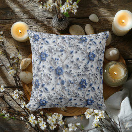 Blauw Zilveren Botanische Harmonie – Elegante Bloe Kussen