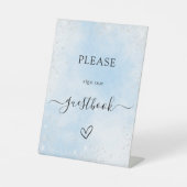 Blauw zilveren bruiloft gastenboek reclamebord met voetstuk (Voorkant)