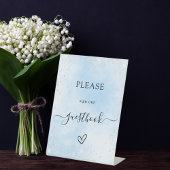 Blauw zilveren bruiloft gastenboek reclamebord met voetstuk