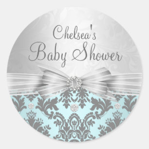 Blauw & Zilveren Damast Baby showers Sticker