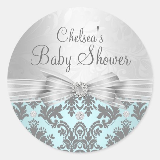 Blauw & Zilveren Damast Baby showers Sticker (Voorkant)