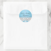Blauw Zilveren Damast & Strik Doop Sticker (Tas)