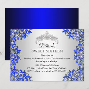 Blauw Zilveren Damast Tiara Sweet 16 Uitnodiging