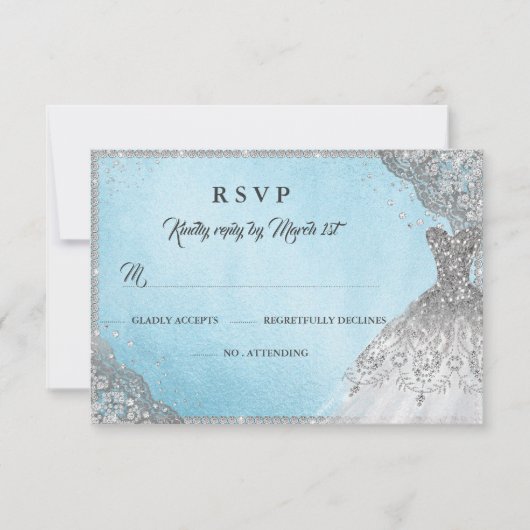 Blauw Zilveren Diamanten Glans Jurk RSVP Kaartje (Voorkant)