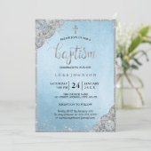 Blauw Zilveren Diamanten Kant Kruis Doop Uitnodigi Kaart (Staand voorkant)