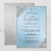 Blauw Zilveren Diamanten Kant Kruis Doop Uitnodigi Kaart (Voorkant / Achterkant)