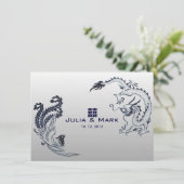 ©Blauw Zilveren Draak-Fenix Chinese Trouwdag Kaart (Staand voorkant)