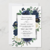 Blauw Zilveren Elegante Bloemencode QR Code Trouwe Kaart (Voorkant)