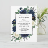 Blauw Zilveren Elegante Bloemencode QR Code Trouwe Kaart (Staand voorkant)