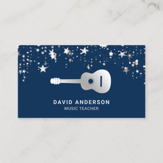 Blauw Zilveren Folie Gitaar Muziek Leraar Gitarist Visitekaartje (Voorkant)