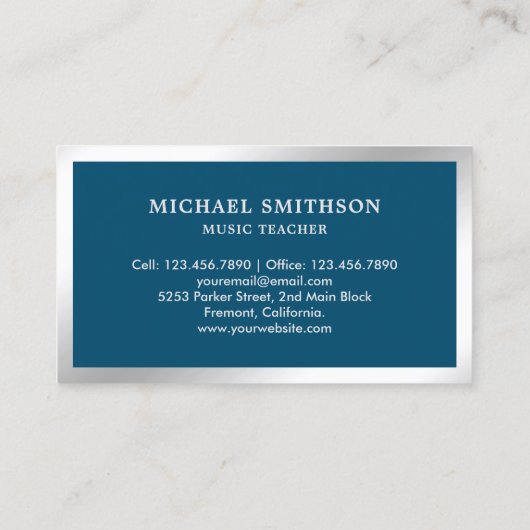 Blauw Zilveren Folie Gitaar Muziek Leraar Gitarist Visitekaartje (Achterkant)