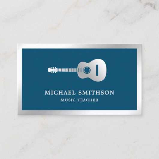 Blauw Zilveren Folie Gitaar Muziek Leraar Gitarist Visitekaartje (Voorkant)