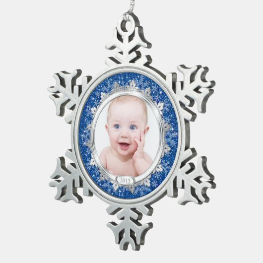 Blauw Zilveren Foto Baby's Eerste Kerstmis (Kerstm Tin Sneeuwvlok Ornament (Rechts)