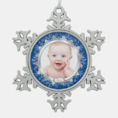 Blauw Zilveren Foto Baby's Eerste Kerstmis (Kerstm Tin Sneeuwvlok Ornament (Voorkant)