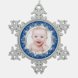Blauw Zilveren Foto Baby's Eerste Kerstmis (Kerstm Tin Sneeuwvlok Ornament