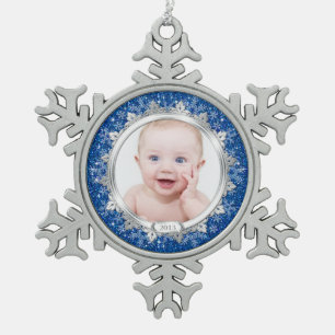 Blauw Zilveren Foto Baby's Eerste Kerstmis (Kerstm Tin Sneeuwvlok Ornament