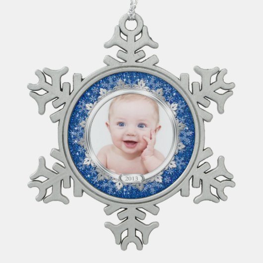 Blauw Zilveren Foto Baby's Eerste Kerstmis (Kerstm Tin Sneeuwvlok Ornament (Voorkant)
