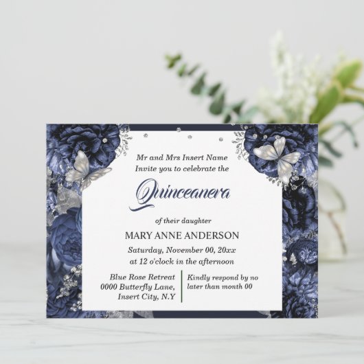 Blauw zilveren FOTO-glittervlinder elegant Kaart (Staand voorkant)