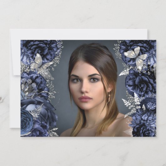 Blauw zilveren FOTO-glittervlinder elegant Kaart (Achterkant)