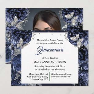 Blauw zilveren FOTO-glittervlinder elegant Kaart