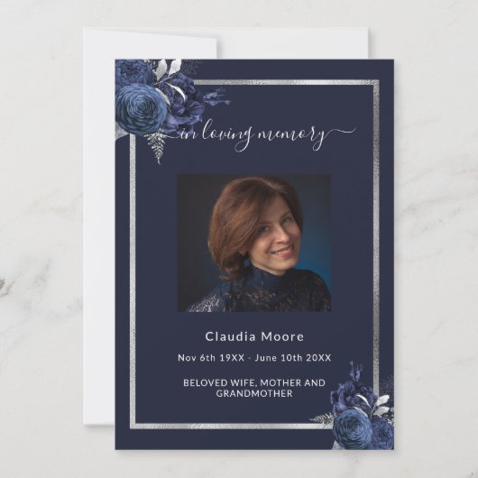 Blauw zilveren foto Viering van het leven begrafen Kaart (Voorkant)