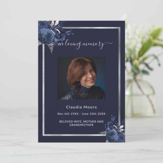 Blauw zilveren foto Viering van het leven begrafen Kaart (Staand voorkant)