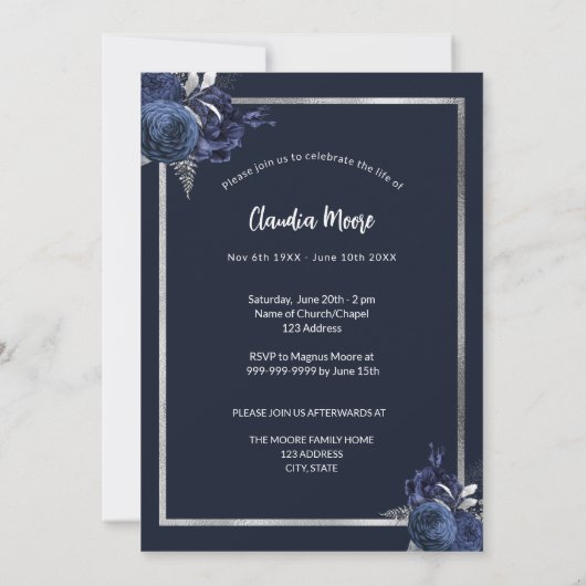 Blauw zilveren foto Viering van het leven begrafen Kaart (Achterkant)