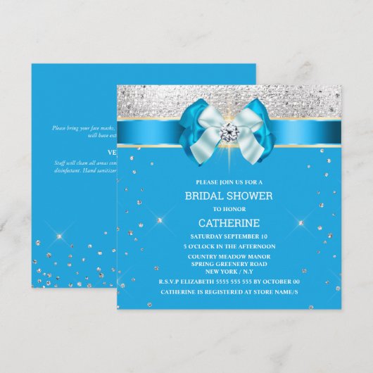 Blauw zilveren glans lint glinster glitter kaart (Voorkant / Achterkant)