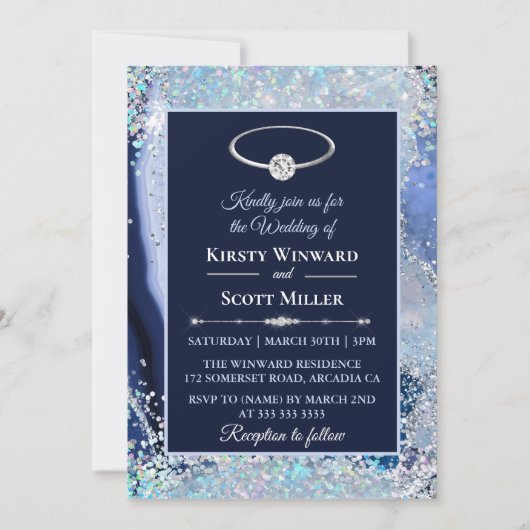 Blauw Zilveren Glitter Agaat Wedding Kaart (Voorkant)