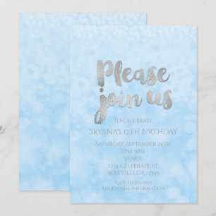 Blauw & Zilveren Glitter Glamour Feest Uitnodiging
