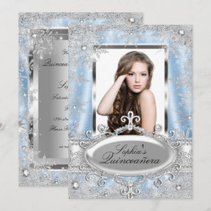 Blauw Zilveren Glitter Jewel Sneeuwvlok Quinceaner Kaart