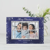 Blauw zilveren glitter met kerstkaart kaart (Staand voorkant)