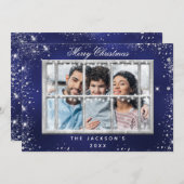 Blauw zilveren glitter met kerstkaart kaart (Voorkant / Achterkant)