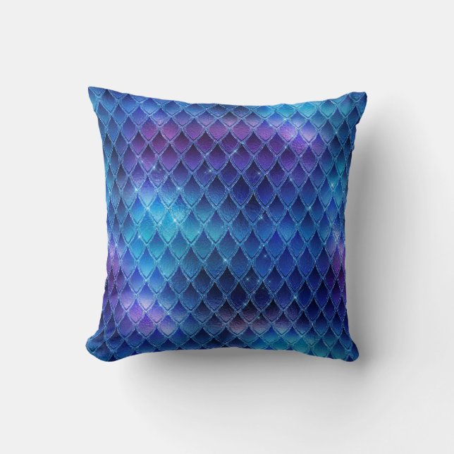 Blauw & Zilveren Glitters Draak Schubben Kussen (Voorkant)