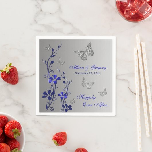 Blauw, Zilveren Grijze Vlinder Bloemen Papier Serv Servet (Insitu)