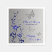 Blauw, Zilveren Grijze Vlinder Bloemen Papier Serv Servet (Voorkant)