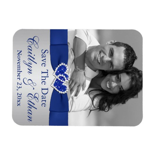 Blauw, Zilveren Harten Sla de Datum Fotomagneet op Magneet (Horizontaal)
