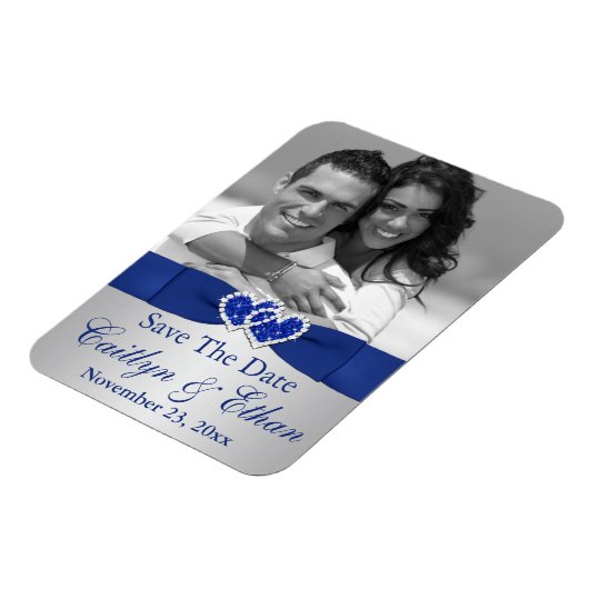 Blauw, Zilveren Harten Sla de Datum Fotomagneet op Magneet (Linkerzijde)