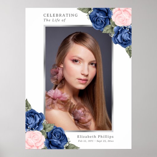 Blauw zilveren herdenkingsfoto welkomstbord voor e poster (Voorkant)