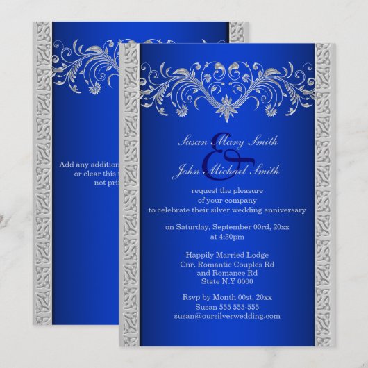 Blauw zilveren huwelijksjubileum bloemstuk kaart (Voorkant / Achterkant)