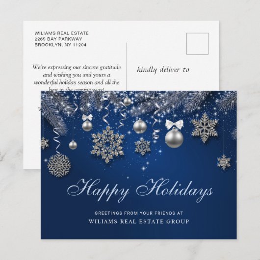 Blauw zilveren kerstbal bedrijfsbegroeting  briefkaart (Voorkant / Achterkant)