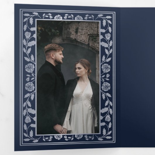 Blauw Zilveren Koninklijk Middeleeuws Zwaard Huwel Drieluik Uitnodiging (Binnenzijde eerst)