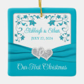 Blauw, Zilveren Liefdesharten Bruiloft 1e Kerstmis Keramisch Ornament (Voorkant)